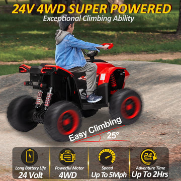 Kids Atv 4 Wheeler, 24V 2 Seater Electric Atv Quad W/4Wd Motor, Protective Gear Set, Bluetooth, Led Lights, Diy Reflective Stick