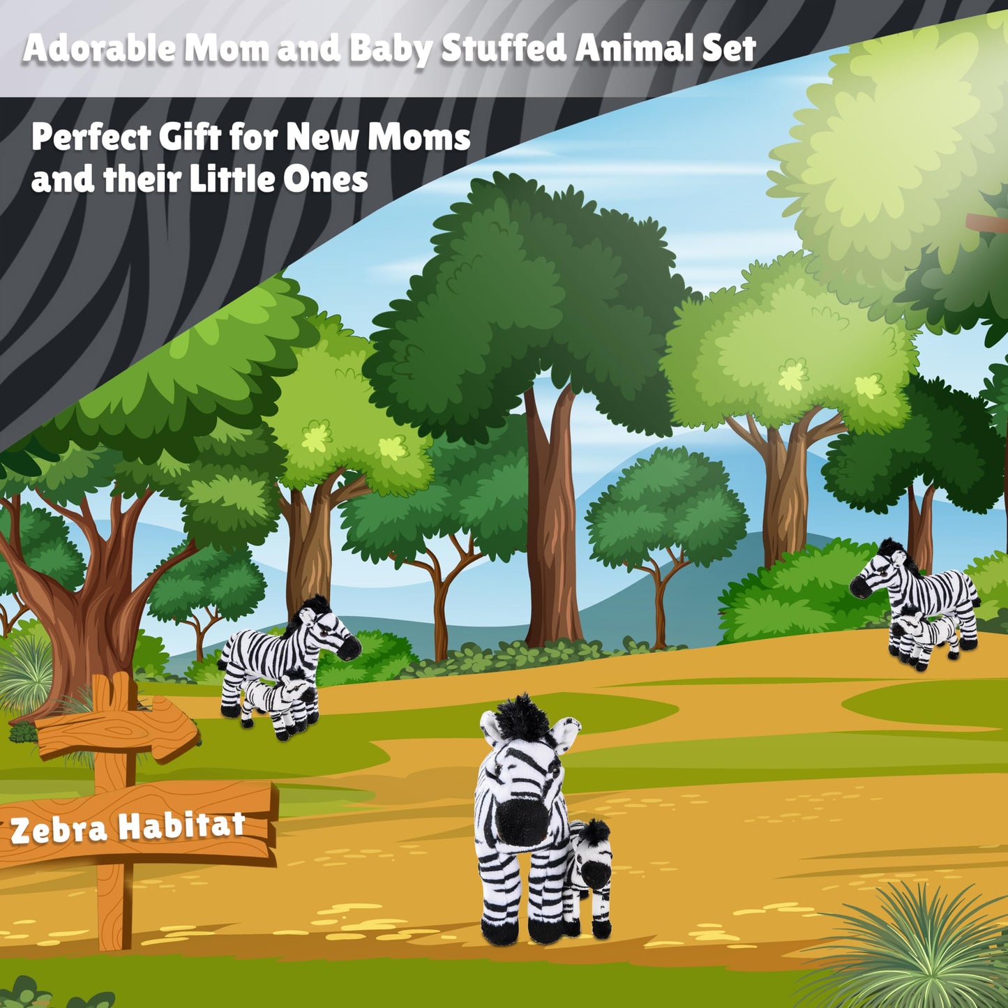 Forest & Twelfth Mom And Baby Mini Zebras, Stuffed Animals For Boys And Girls, Safari Baby Shower Decorations, Nursery Decor, Zoo Animals For Toddlers, Stuffed Zebra Realistic Toys