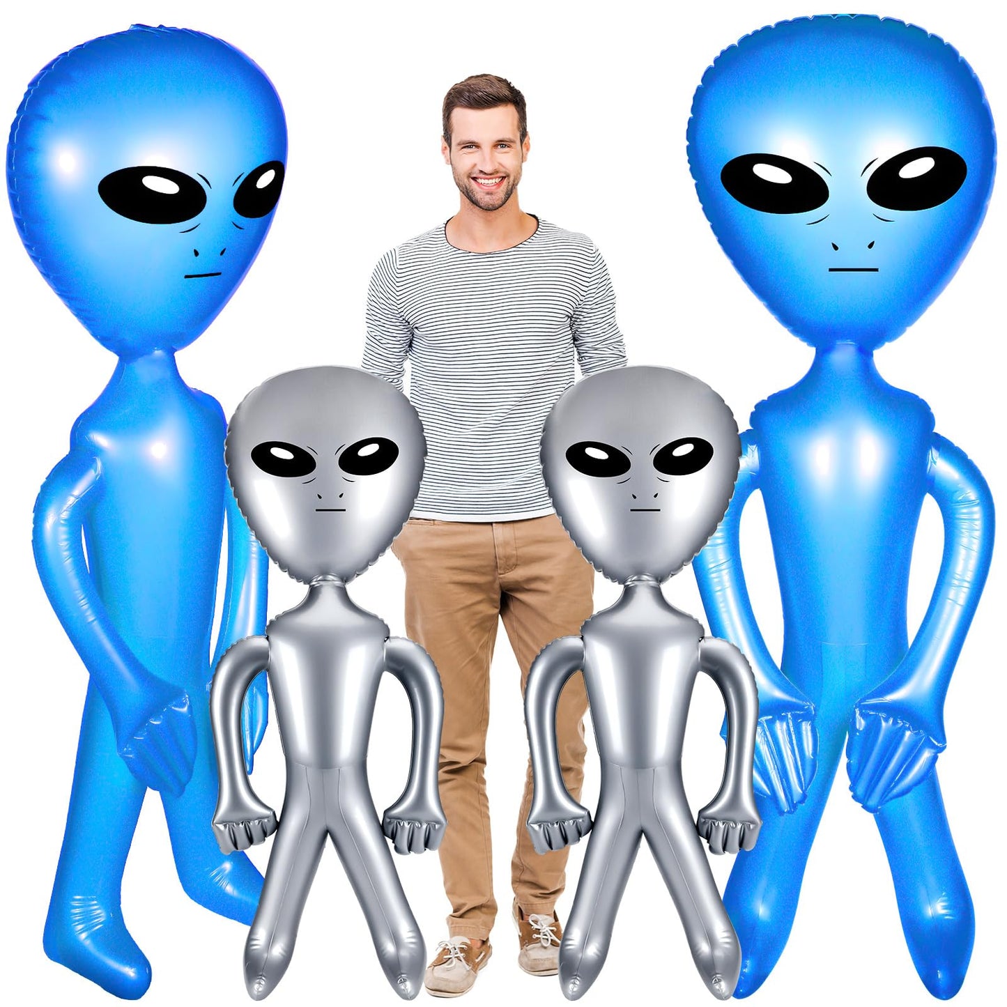 Zhanmai 4 Pcs 63 Inch 35 Inch Inflatable Alien Jumbo Alien Party Decorations Alien Balloon Inflate Alien For Halloween Party Favors(Silver, Blue)