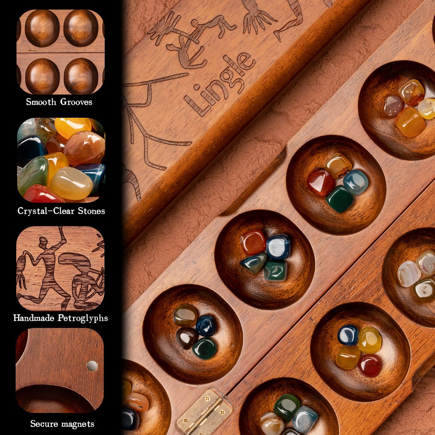 Lingle Deluxe Mancala Board Game Set - Real Wood Hinged Folding Board With 48 Mixed Natural Gemstones, Authentic African Petroglyphs, Foldable Design For 2-Player Strategy Game, Portable Game