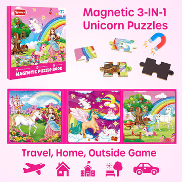 Synarry Unicorn Princess Fairy Magnetic Puzzles For Toddlers 3-5 Girls, 20 Pieces Travel Puzzles For Kids Ages 4-6, Car Airplane