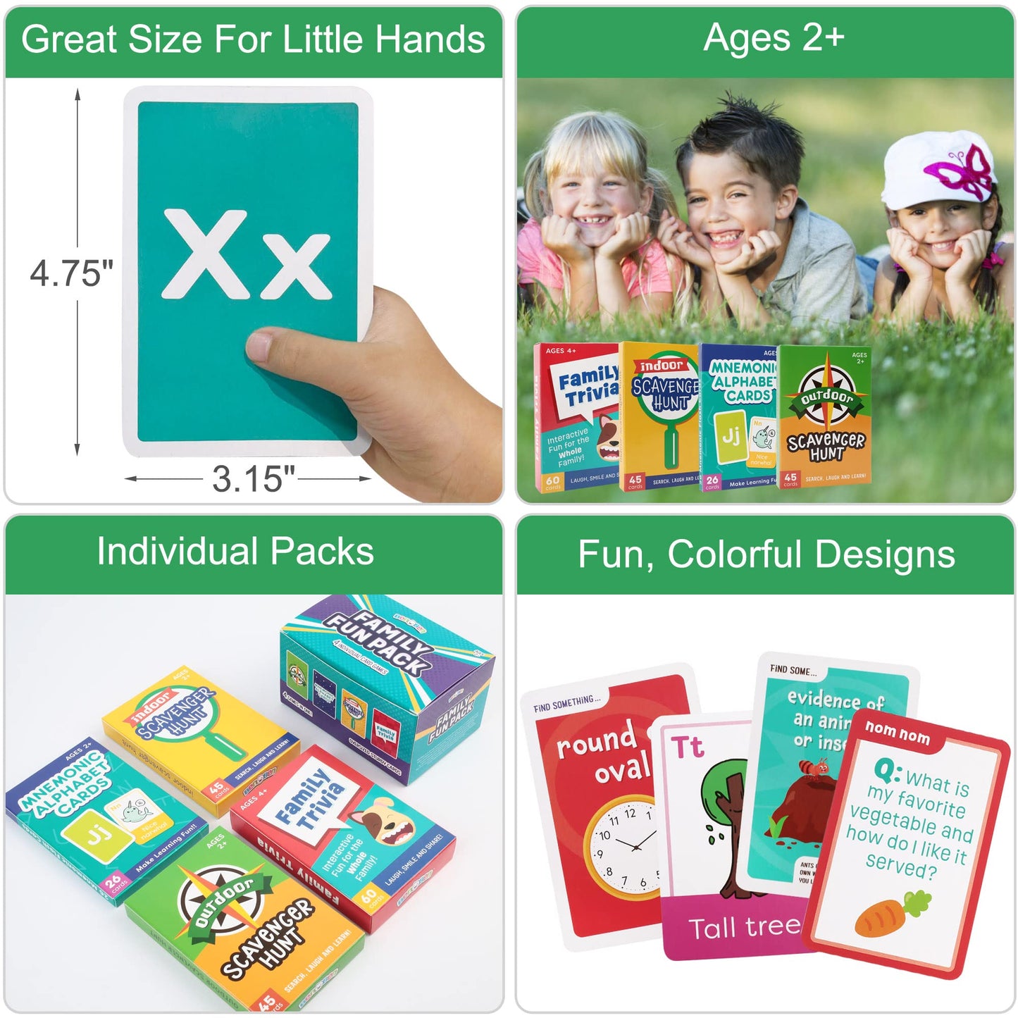 Lotfancy Card Games For Family Game Night, 4 In 1 Pack, Scavenger Hunt Games For Kids, Indoor Outdoor Activities, Family Trivia, Educational Game, Jumbo Size, Gifts For Ages 2-6