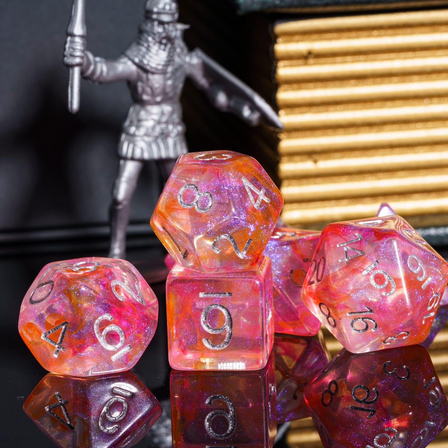 Udixi 7-Die Polyhedral Dice Set With Glitter And Orange Swirls Dnd Dice For Dungeons And Dragons Role Playing Games (Red Orange)