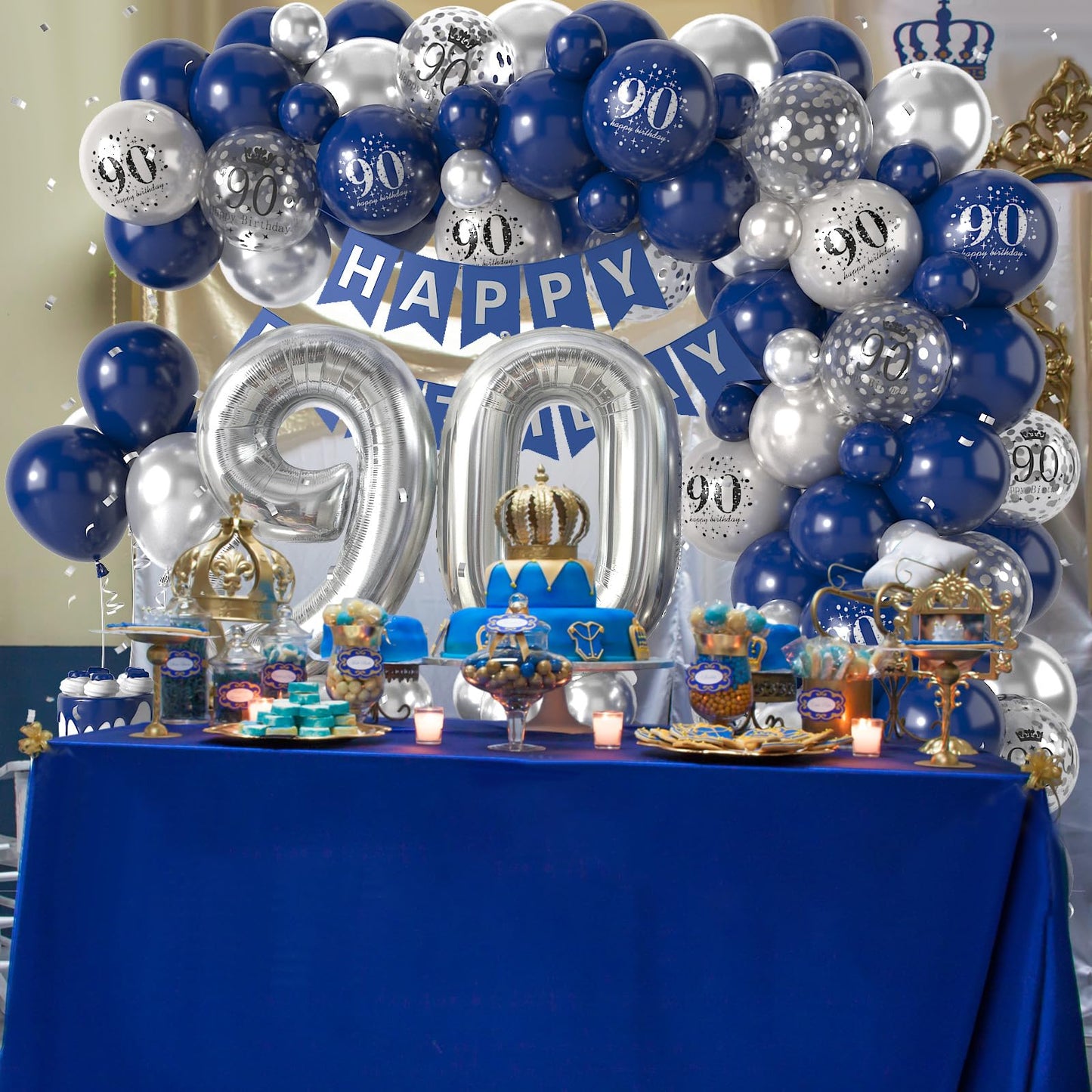 Dagelar 90th Birthday Decorations - Navy Blue & Silver Balloon Garland with Number 90 Foil Balloons & Happy Birthday Banner