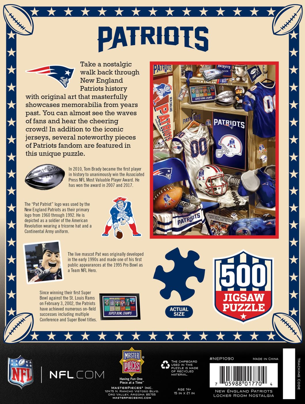 MasterPieces Game Day 500 Piece Jigsaw Puzzle for Adults - NFL New England Patriots Locker Room - 15x21