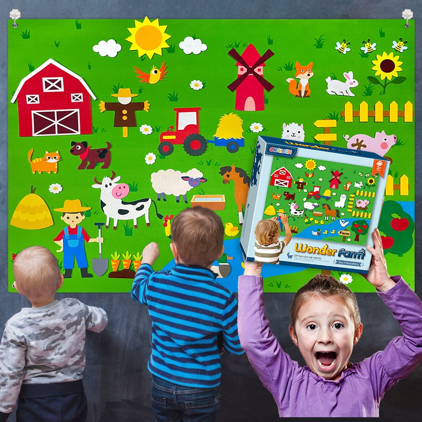 OKGIUGN 61 Pcs Farm Animals Story Felt Board, 3.6 Ft Farmhouse Themed Play Mat Wall Hanging Kit Toys, Birthday Gift for Toddlers