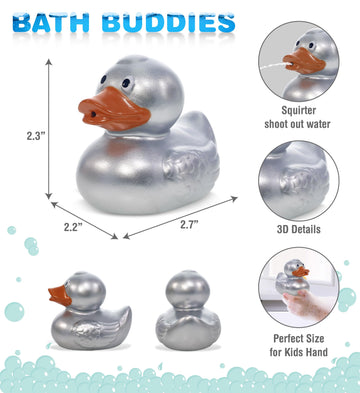 DolliBu Metallic Silver Duck Bath Buddy Squirter - Floating Silver Duck Rubber Bath Toy Fun Water Squirting Bath Time Play for Toddlers Animal Toy for Bathtub Beach and Pool for Girls and Boys