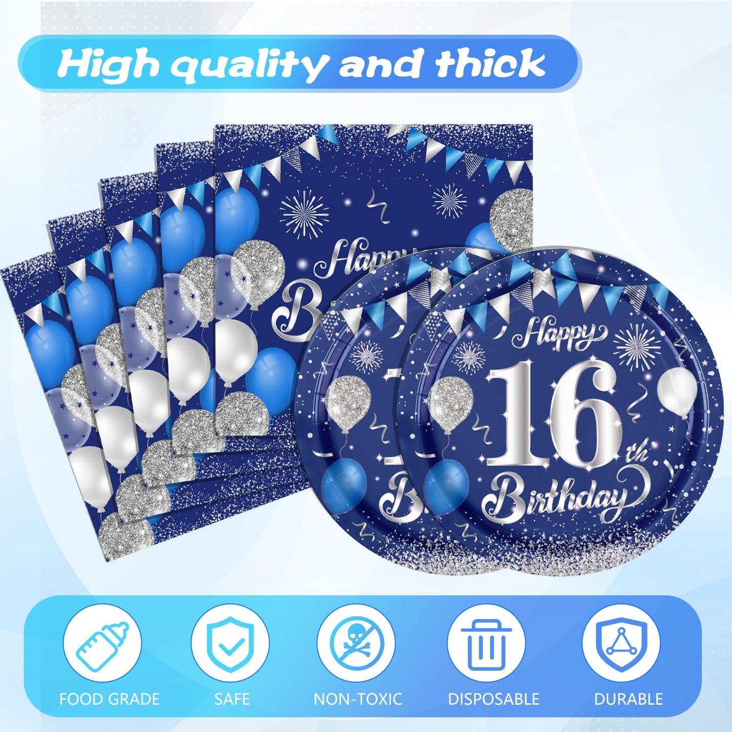 41Pcs 16Th Birthday Decorations For Boys Navy Blue Silver 16 Years Old Birthday Decorations Sweet 16 Plates Napkins Tablecloth F