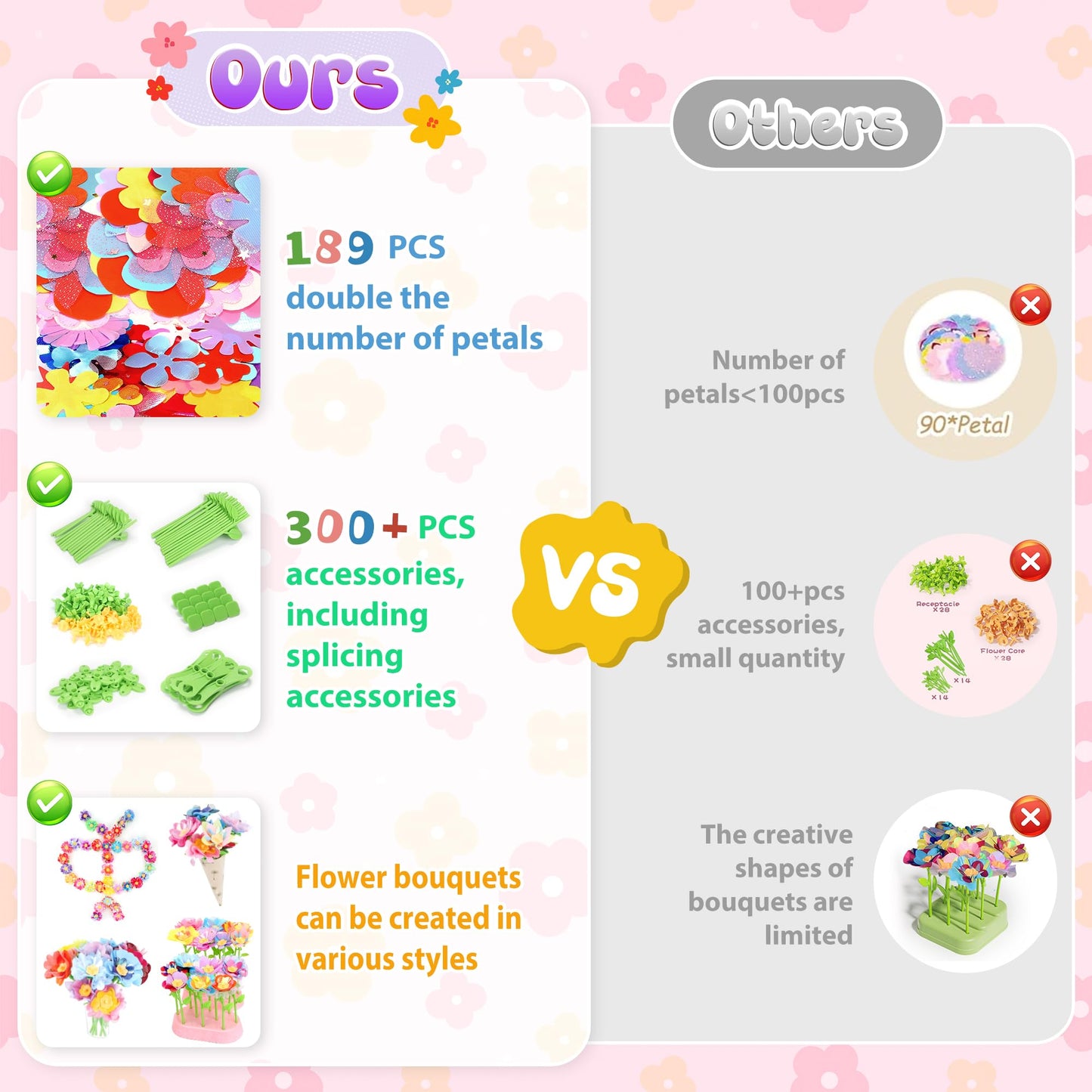 GirlsHome 300+PCS Fabric Flower Bouquets Toys, DIY Flower Crafts Kits for Kids, Arts and Crafts for Kids Ages 6-8 Girls, Build F