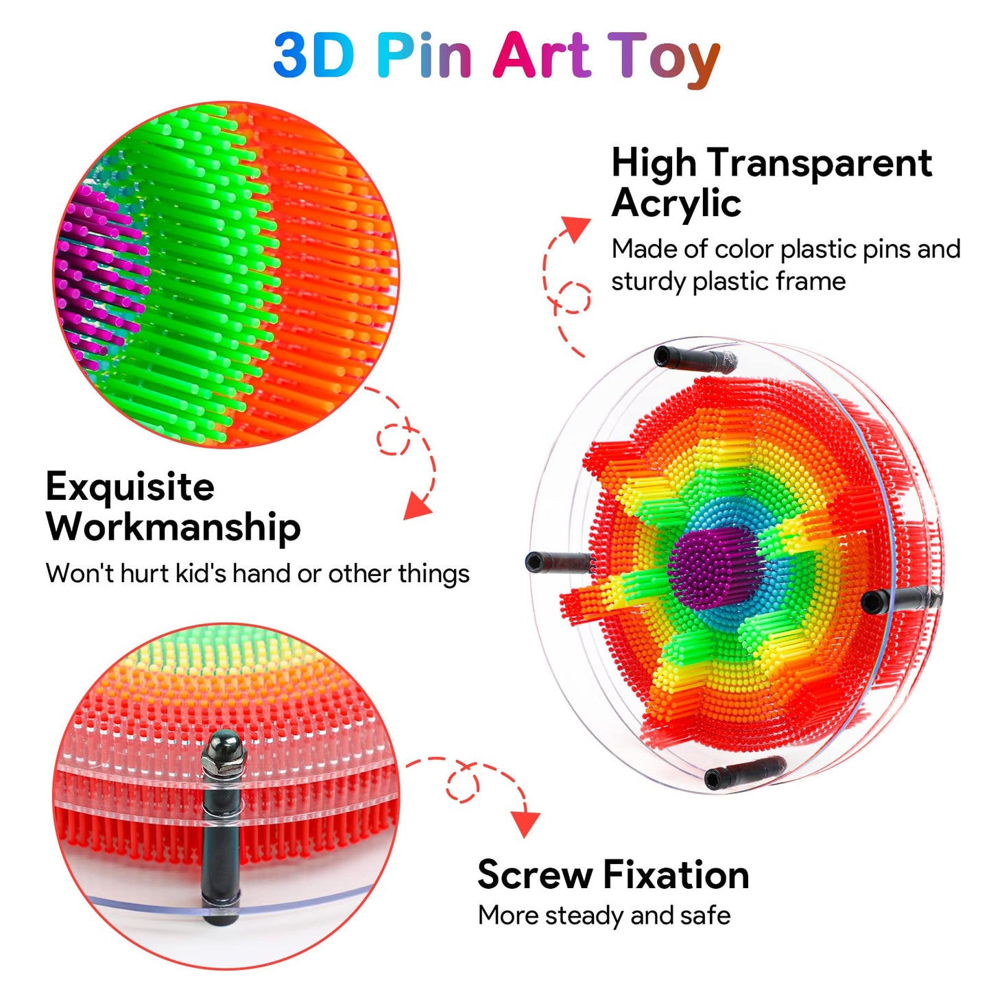 3D Pin Art Toy, Pin Art Sensory Toy For Kids, Large Pin Art Board Size 6.5 X 6.5 Inches, Pin Impression Toy For 3 4 5 6 7 8 9 10+ Year Old Boys Girls, Round Pin Art Fidget Toys For Children (Rainbow)