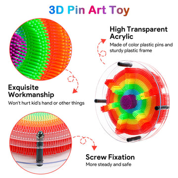3D Pin Art Toy, Pin Art Sensory Toy For Kids, Large Pin Art Board Size 6.5 X 6.5 Inches, Pin Impression Toy For 3 4 5 6 7 8 9 10+ Year Old Boys Girls, Round Pin Art Fidget Toys For Children (Rainbow)