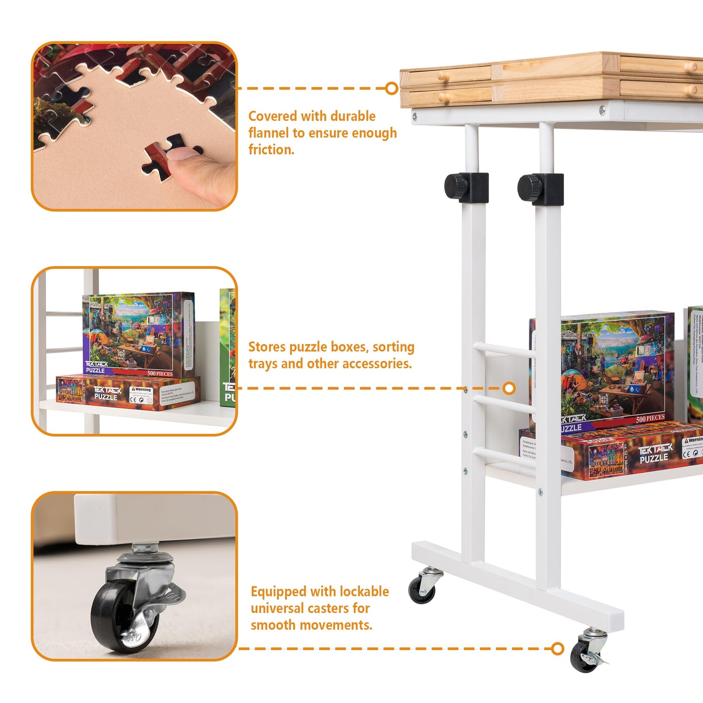 Tektalk Foldable Puzzle Board - 2000 Piece Jigsaw Table with Height Adjustment, White, Pine Wood, Model WGPTZ, 2 Felt Covers, 8 Sorting Trays