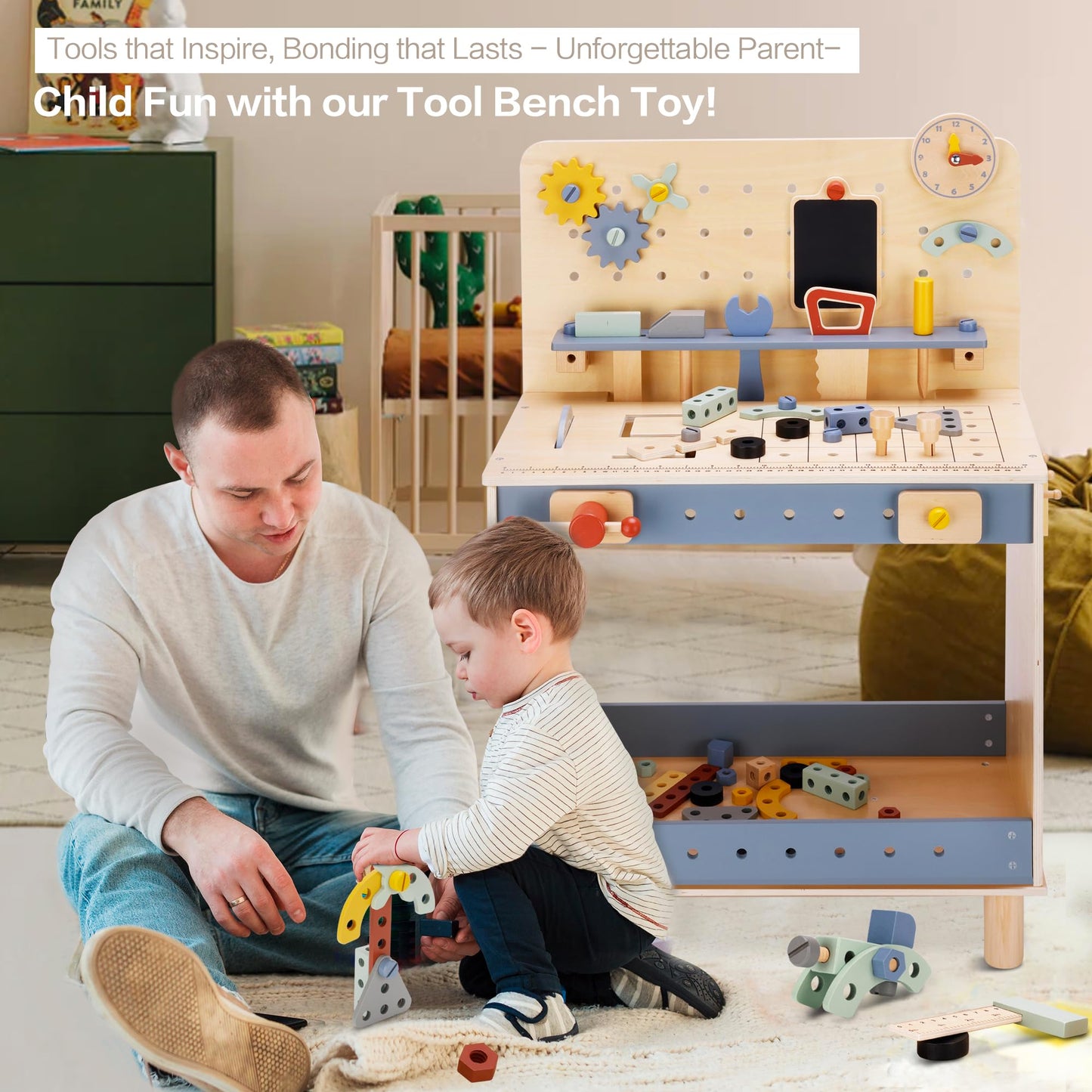 Deluxe Wooden Toy Workbench For Kids, 69 Pieces Tool Playset With Play Tools Set, Storage Space, Tool Bench, And Educational Gif