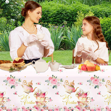 Dydamud Pink Floral Tea Party Tablecloth,Girls Tea Party Birthday Supplies 3Pcs Lets Partea Spring Disposable Table Cover For Pa