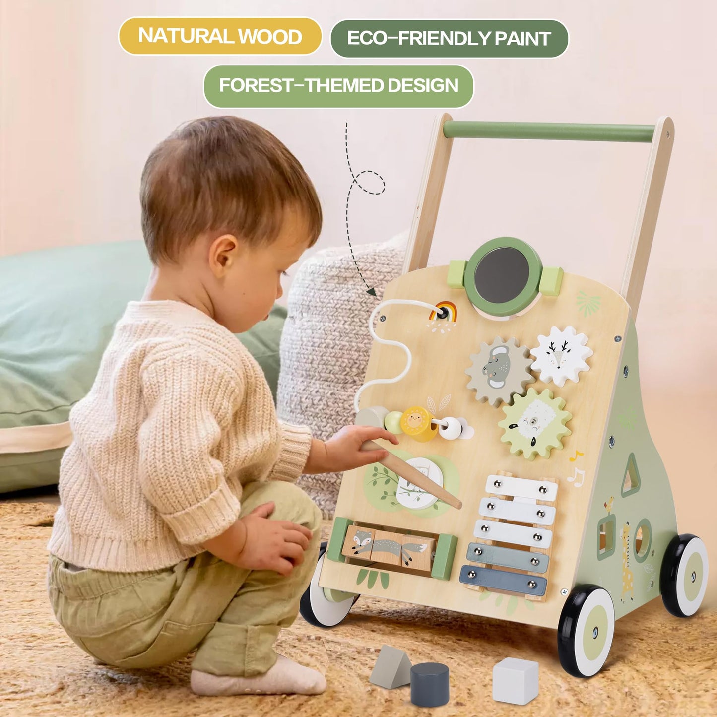 Wooden Baby Push Walker And Toddler Pull Learning Activity Toy - Develop Motor Skills & Creativity - Multiple Activities Center
