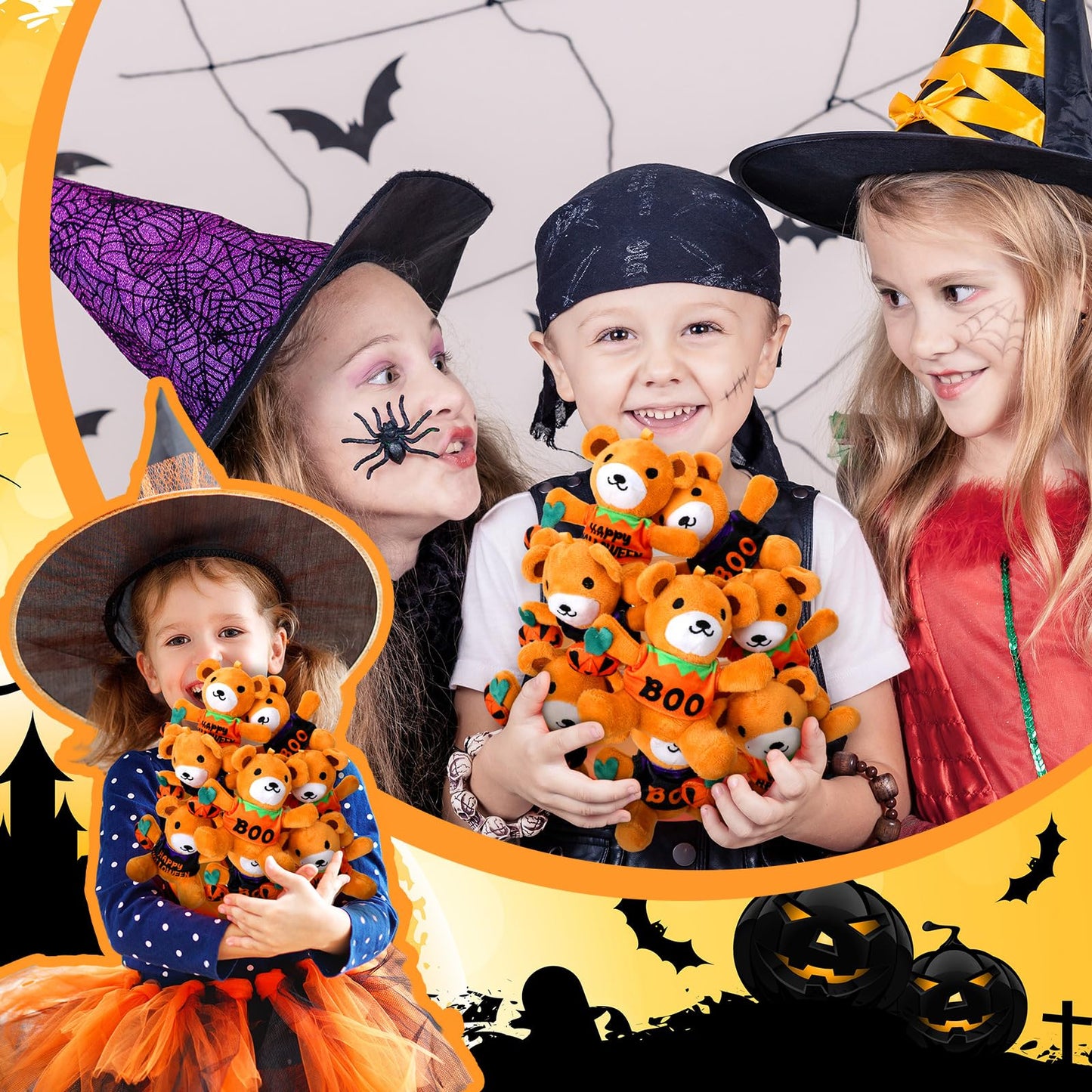 Roundfunny 20 Pcs Halloween Stuffed Animals Bears Bulk 4.5 Inch Mini Plush Bears With Halloween T-Shirt And Jack O Lantern Mini