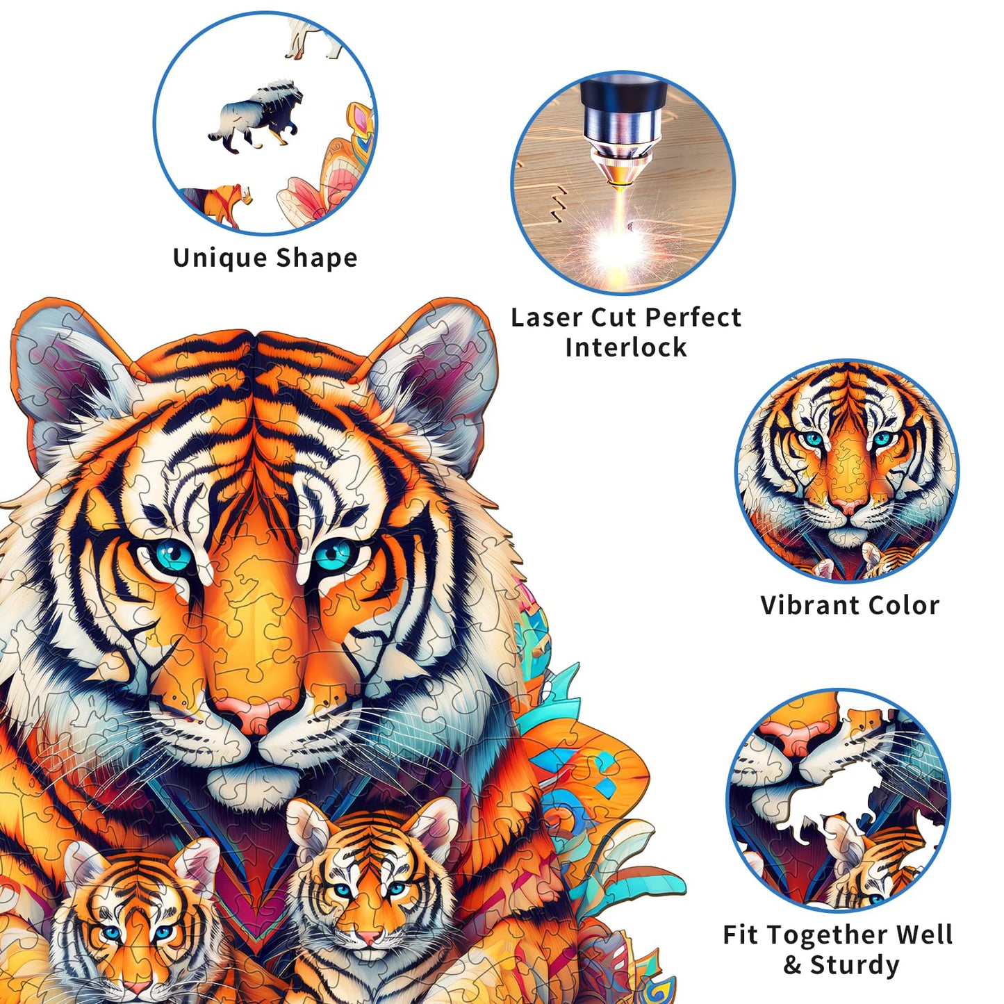 Woodemon Wooden Puzzles For Adults, Tiger Family (L-270Pcs) Wooden Jigsaw Puzzles Kids, 13 * 13.8In Unique Shaped Animal Wood Puzzles Adults, Xmas Christmas Puzzle Birthday Gift Family Puzzles Game