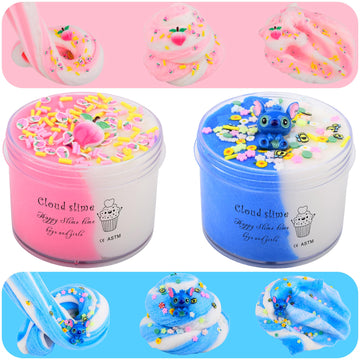 2 Pack Cloud Slime Kit With Blue Cake And Pink Peachy Babies Charms, Scented Diy Slime Supplies For Girls And Boys, Stress Relie