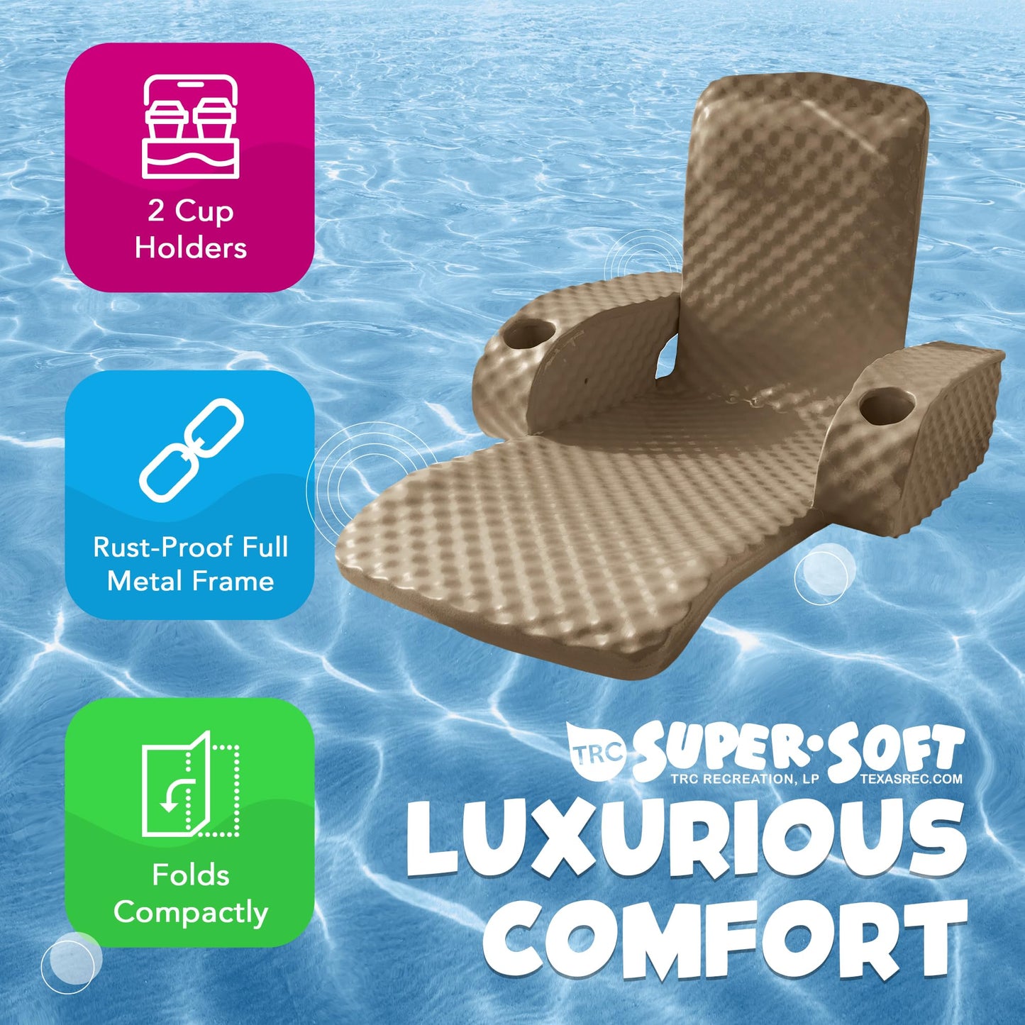 TRC Recreation Large Bronze Folding Baja II Lounger Foam Pool Float with 2 Cup Holders - Portable Beach Essential