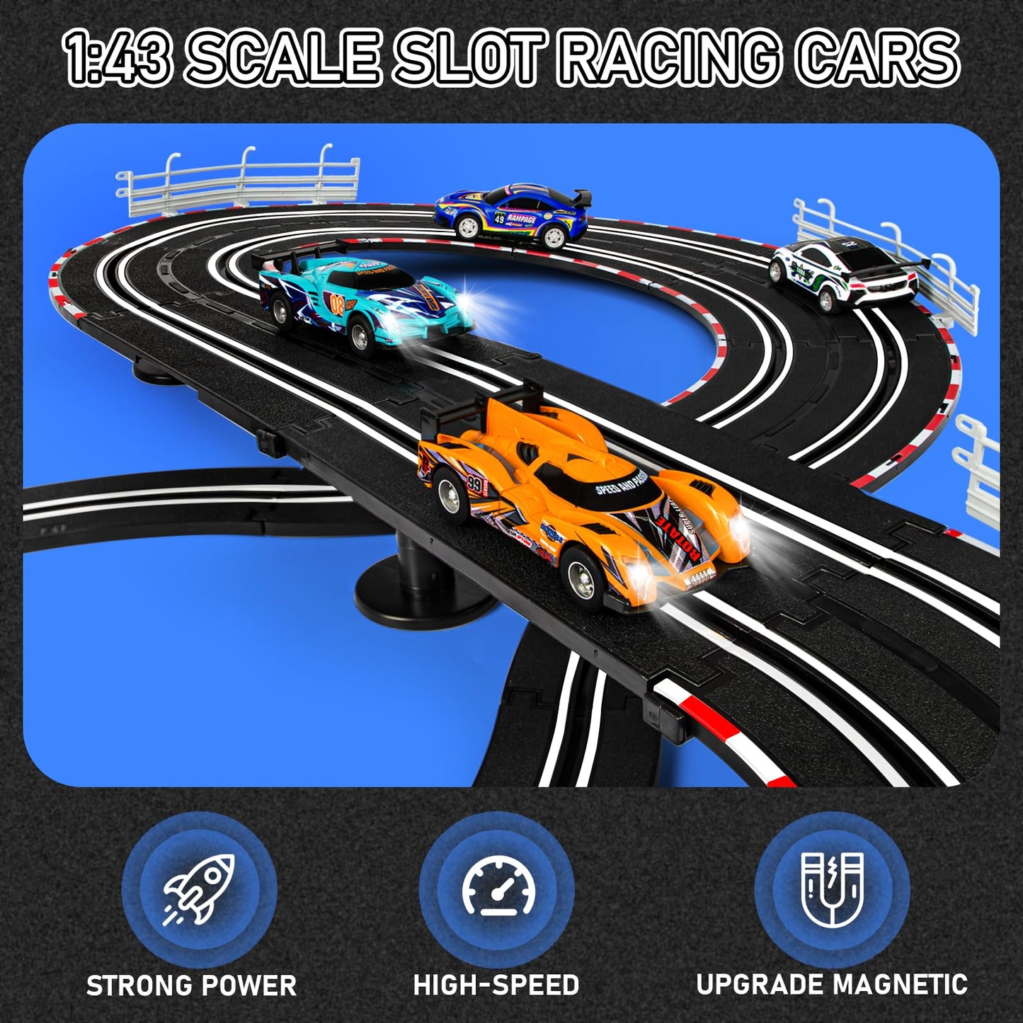 Electric Slot Car Race Track Sets - Race Car Track Sets With 4 High-Speed Slot Cars 1:43 With Headlights, 2 Hand Controllers, Du