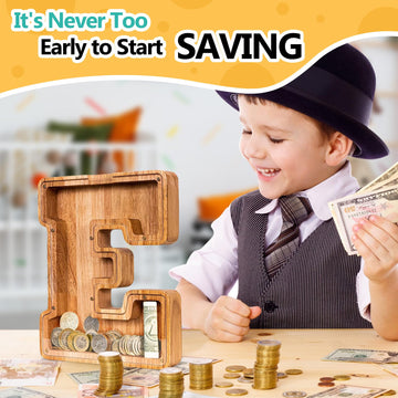 Summidate Wooden Letter Piggy Bank For Kids| Piggy Bank For Boys Girls Toddler| Alphabet A Money Bank| Wood Coin Bank Personalized Birthday Gift For Kids (E)
