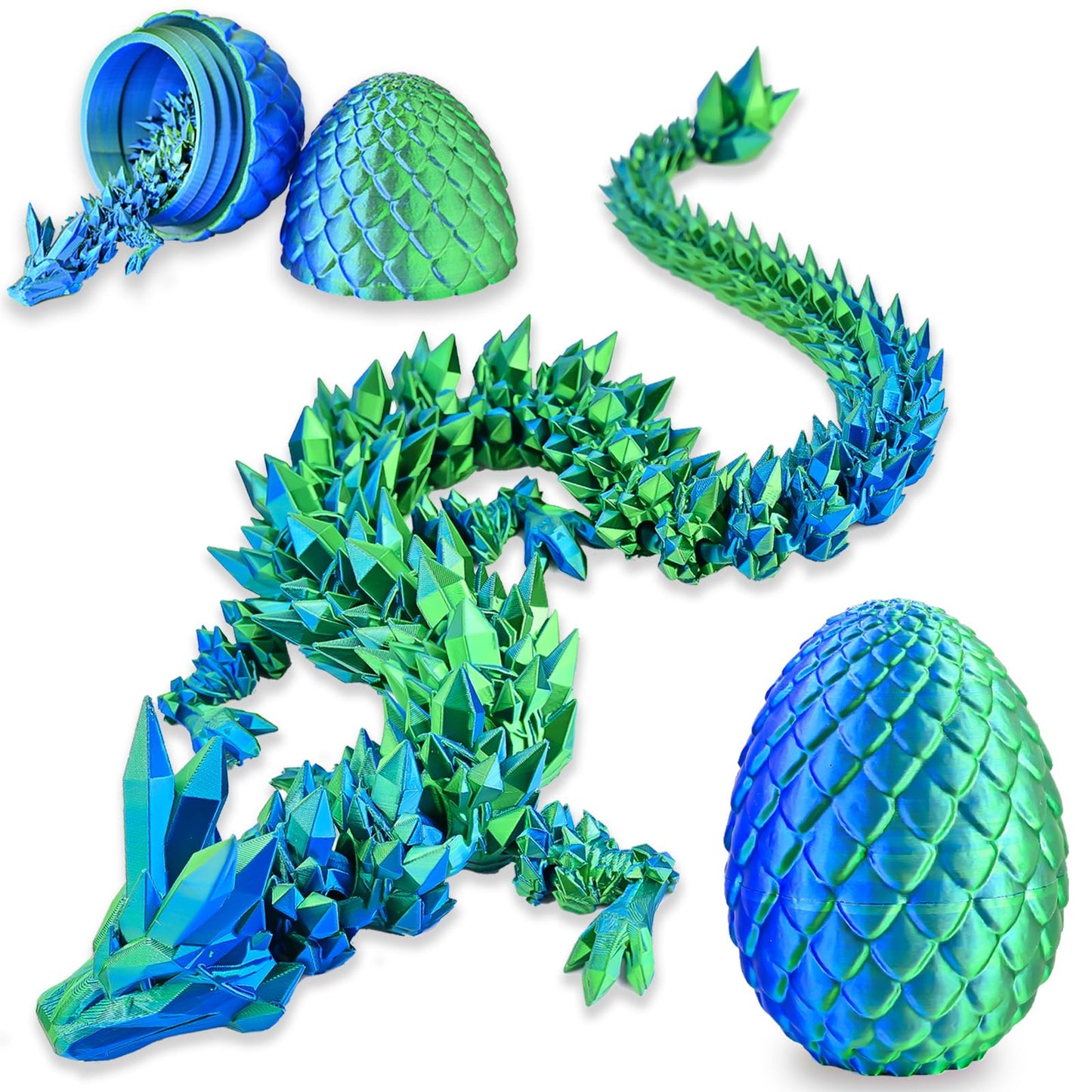Locyfens 3D Printed Dragon Eggs With Dragon Inside, Articulated 3D Dragon Toys With 3D Dragon Eggs, Crystal Dragon Blue Green