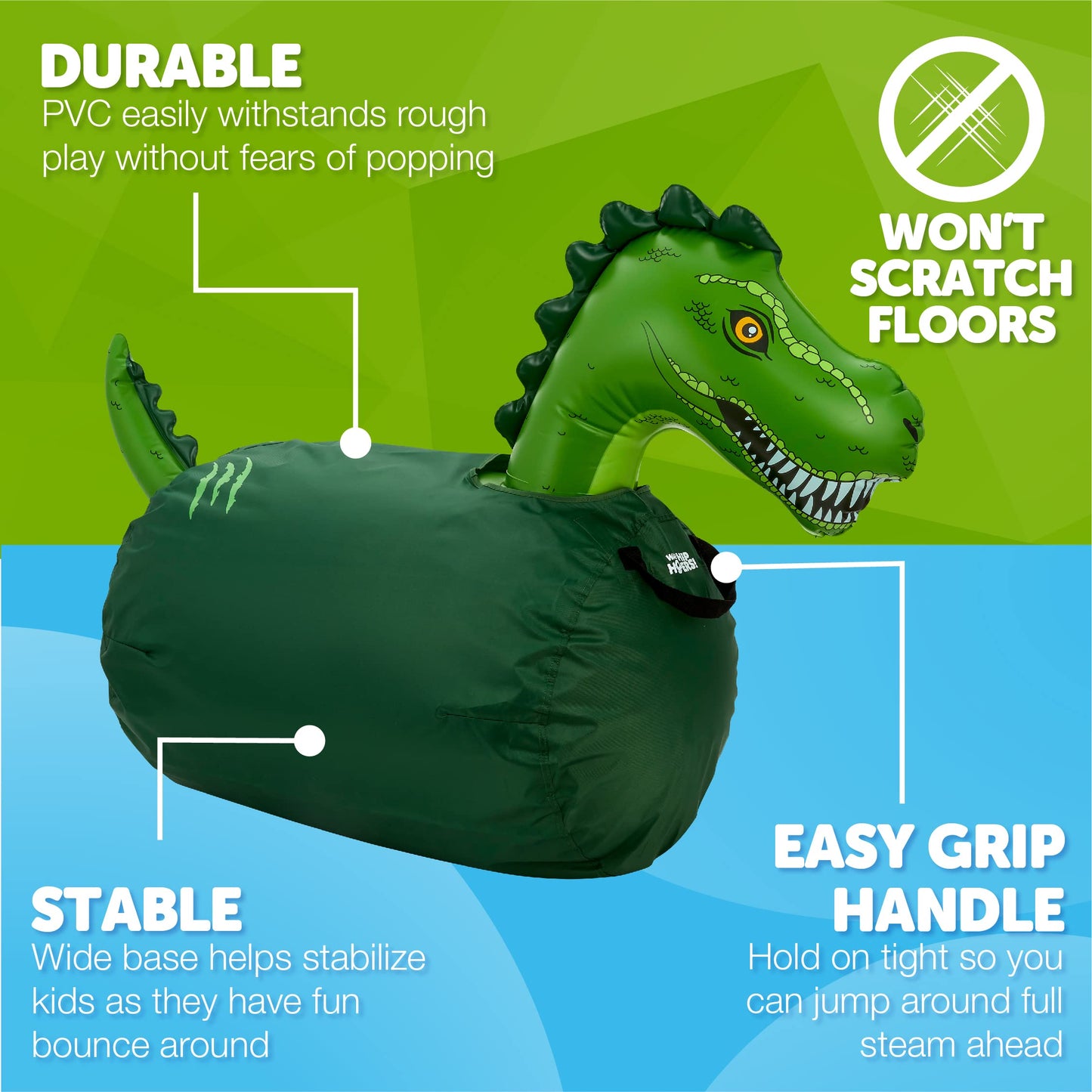 Waddle Hip Hoppers Large Bouncy Hopper Inflatable Hopping Animal Bouncer, Supports Up To 250 Pounds, Ages 5 And Up (Green Trex)