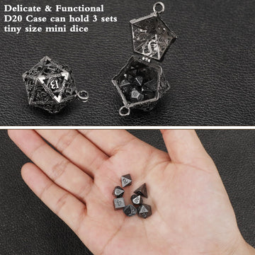 Syhood Mini Dice Set 7 Pcs Tiny Small Metal Dice Set Hollow D20 Necklace Dice Case Keychain Role Playing Table Games Portable Te