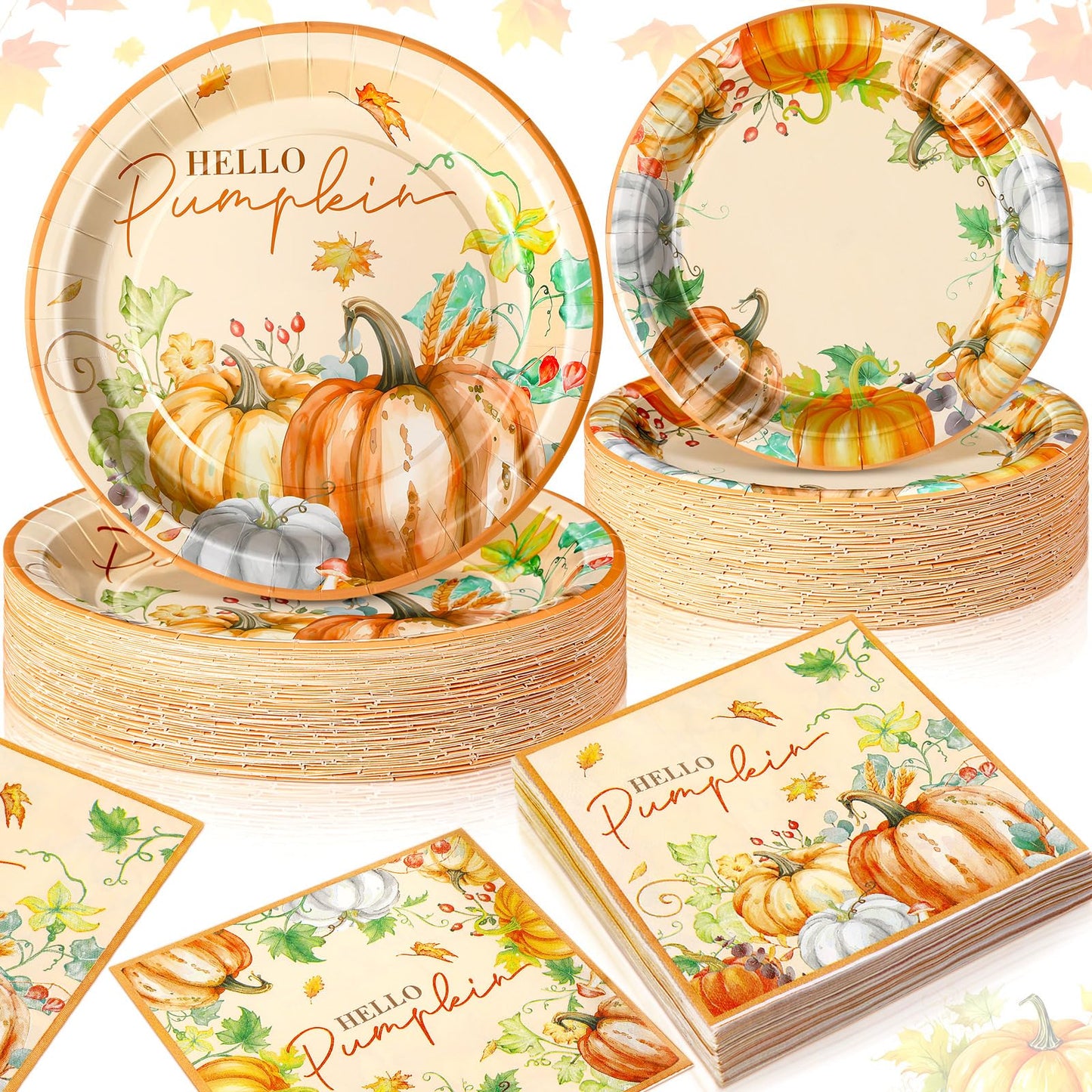 Potchen 180 Pcs Hello Pumpkin Thanksgiving Party Plates and Napkins 7 and 9 Fall Harvest Decorations Disposable Autumn Party