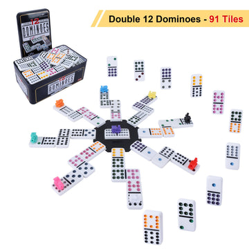 Gonoelec Double 12 Mexican Train Dominoes Set - 91 Color Dot Tiles, 8 Wooden Trays, 9 Train Markers, Classic Family Game