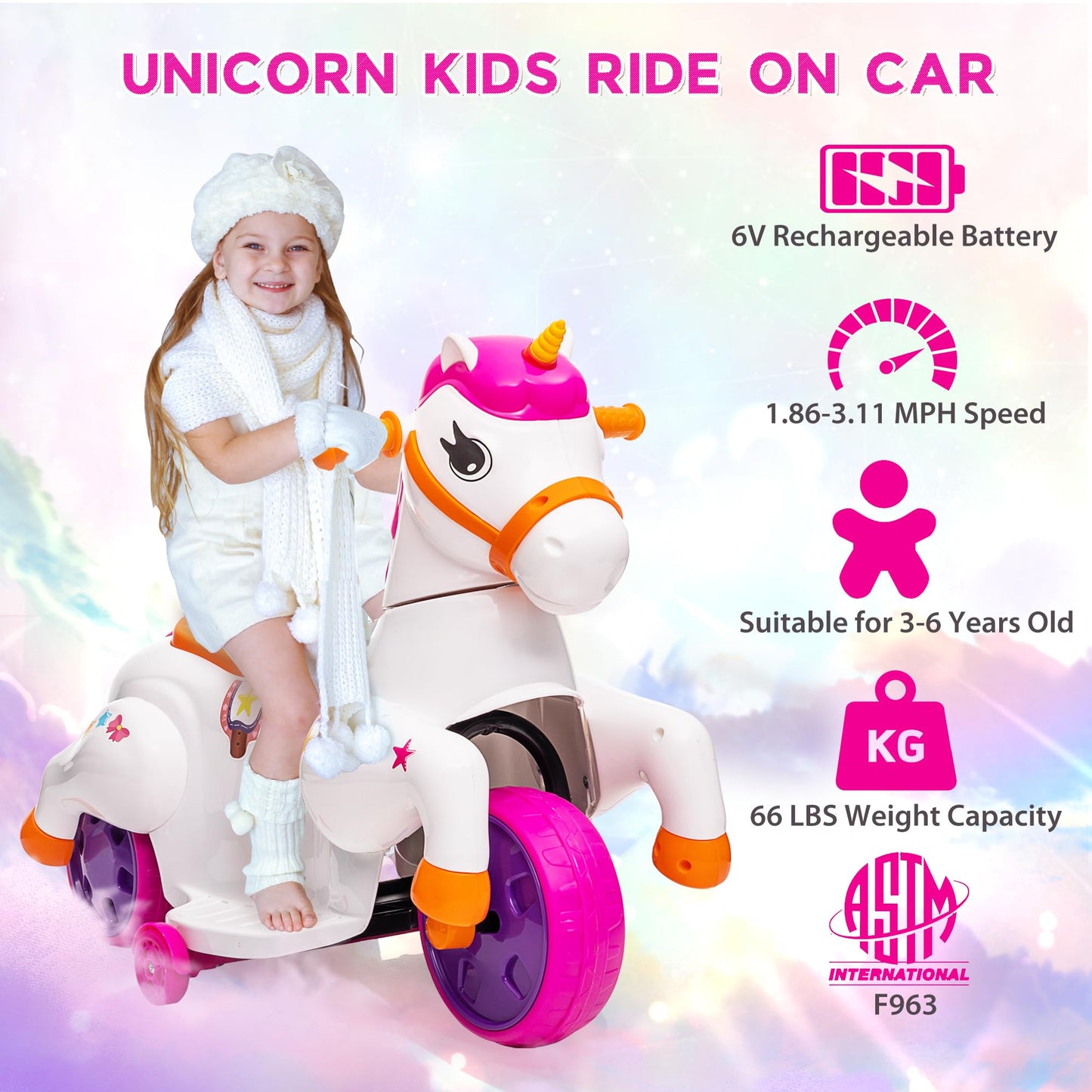 Unicorn Ride On Toys For Girls Tobbi Ride On Pony Motorized 3-Wheeler Toddler Ride On Toy Kid Car W/Music, Charging Battery, Birthday Gifts For Children, Rose Red