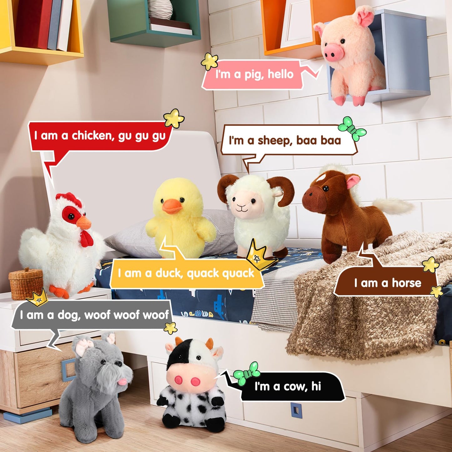 Hiboom 7 Pcs Farm Stuffed Plush Animals Toys Set 8 Inch Barnyard Stuffed Animals Bulk Soft Pig Rooster Horse Duck Sheep Cow Dog