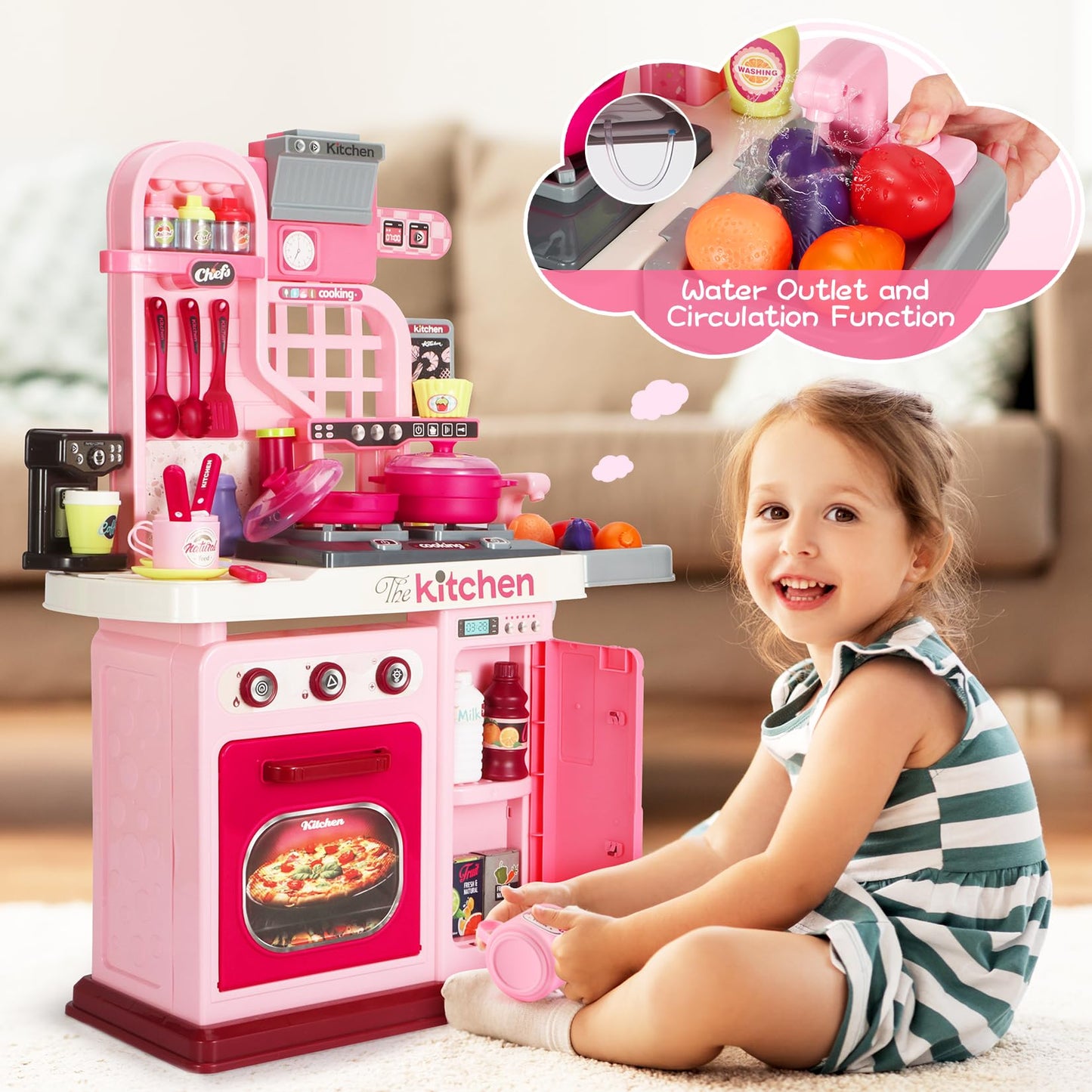DRAMATION Kids Kitchen Playset, 27.1 Inches Play Kitchen with Sound and Light, Kitchen Set for Toddlers 1-3 3-5, Cooking Stove,