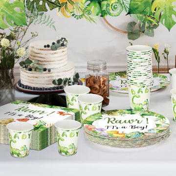 200 Pcs Dinosaur Baby Shower Paper Plates Napkins Cups Baby Shower Party Supplies Tableware Set Dinosaur Disposable Cup Napkin F