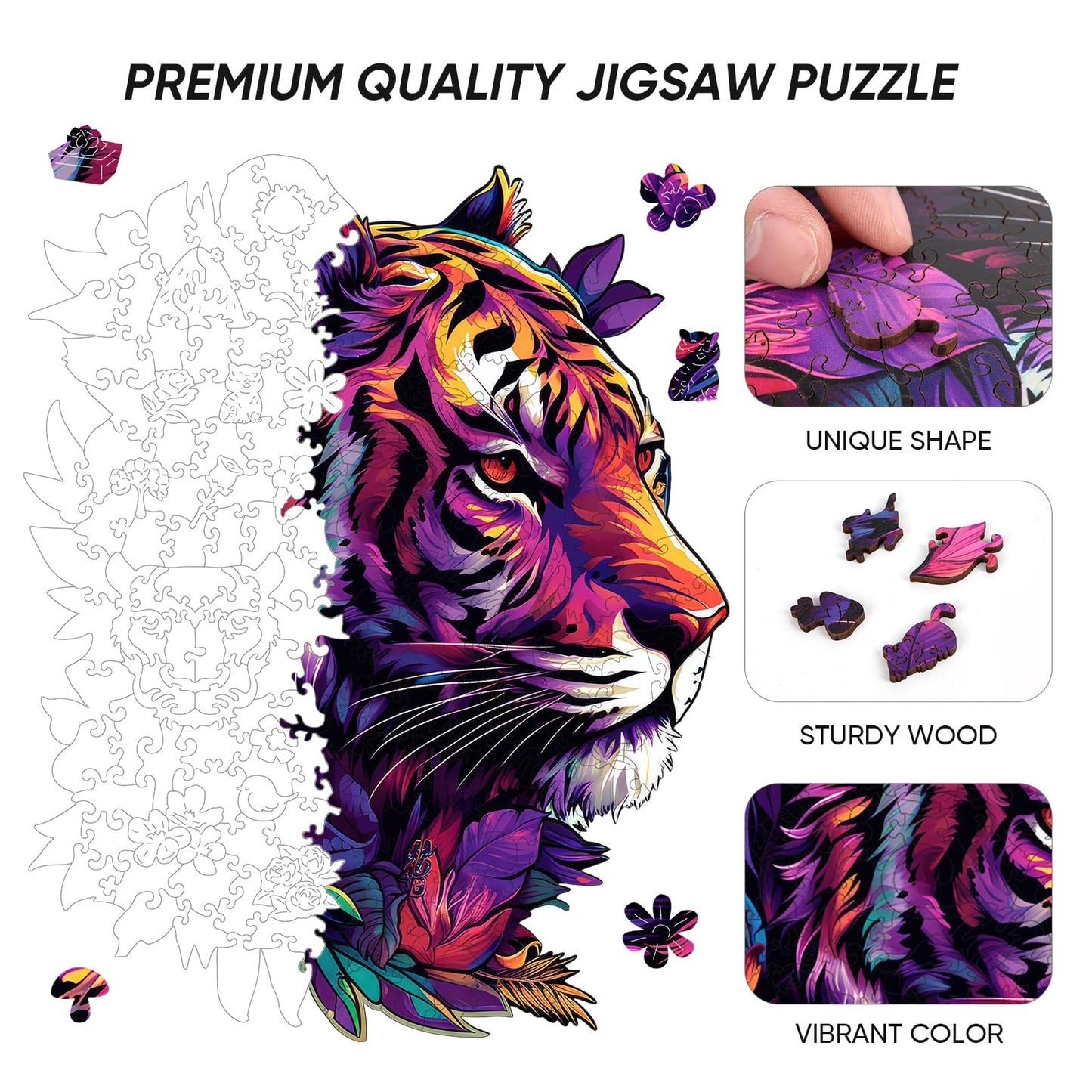 Qiuenisray Original Wooden Jigsaw Puzzles-Tiger,200Pcs,10X12.6In,Medium,Wooden Puzzles For Adults,Unique Shape Animal Adult Puzz