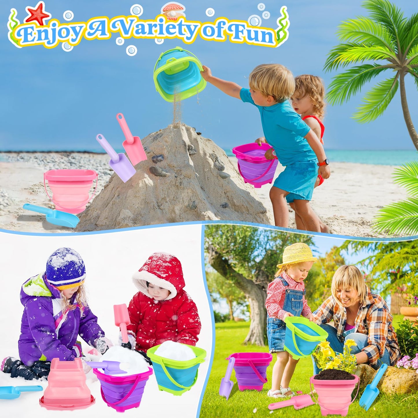 TSDATOWR Collapsible Beach Buckets for Kids, Foldable Sand Buckets and Shovels with Mesh Beach Bag, Silicone Beach Sand Pails fo