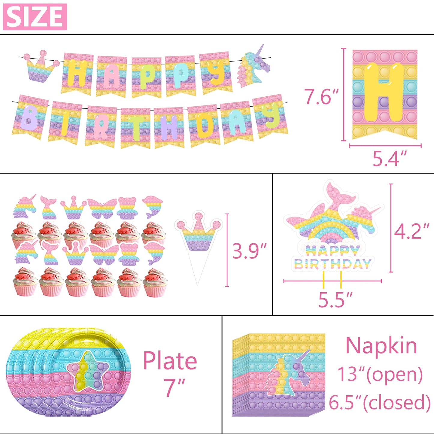Kakan 124Pcs Pop Birthday Decorations For Girl,Pop Birthday Party Supplies,Includes Banner,Backdrop,Cake Toppers,Tablecloth,Napk