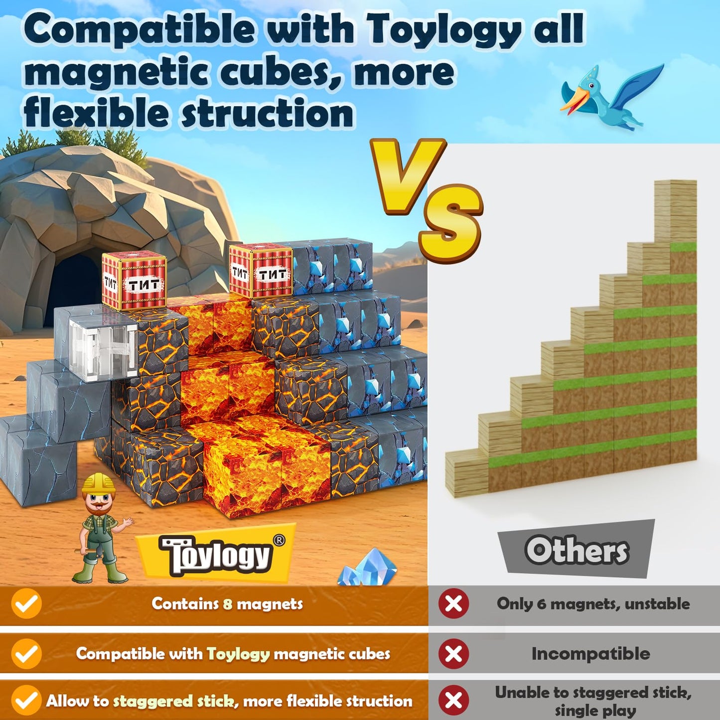 100PCS Magnetic Blocks-Build Mine Magnet World Jurassic decorative replica blade Dinosaur Toys Building Blocks for Boys Girls Ages 3-5 5-7 Classroom Must Haves Stem Education Sensory Kids Toys Christmas Birthday Gifts