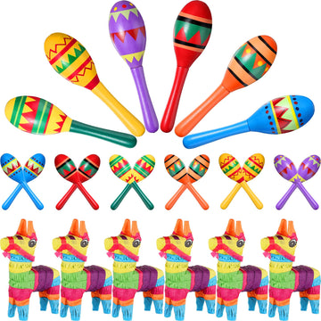Hungdao 18 Pcs Mexican Fiesta Decor Include 12 Wooden Maracas Bulk 6 Mini Donkey Piatas Mexican Theme Decorations for Maracas Pa