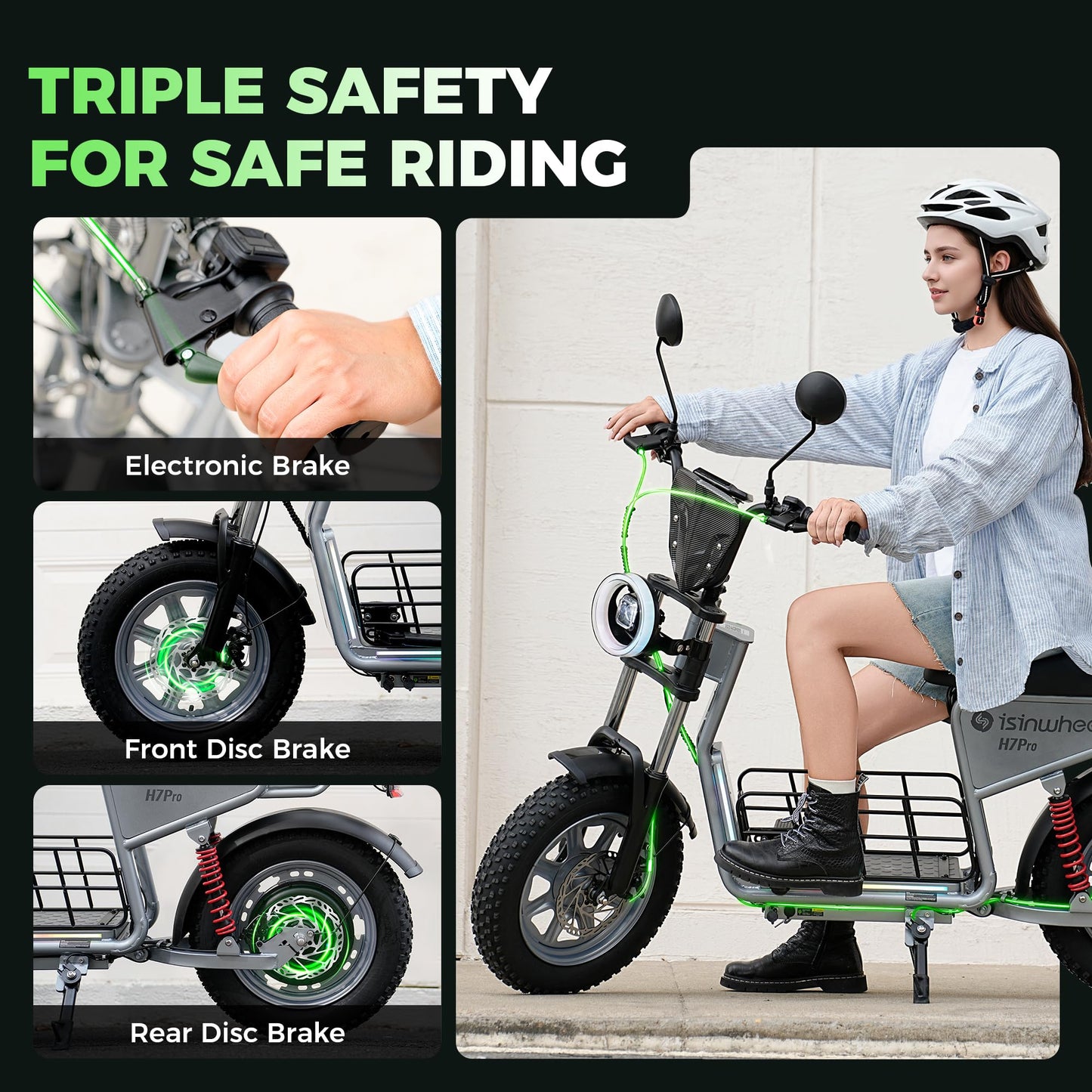 isinwheel H7Pro Electric Scooter mature-themeds 38 MPH Top Speed & 43 Miles Range 16 ' ' Fat Tire Scooter for mature-themed with Turn Signals & Mood Lights Smart APP 1200W Powerful Motor Electric Scooter with Seat