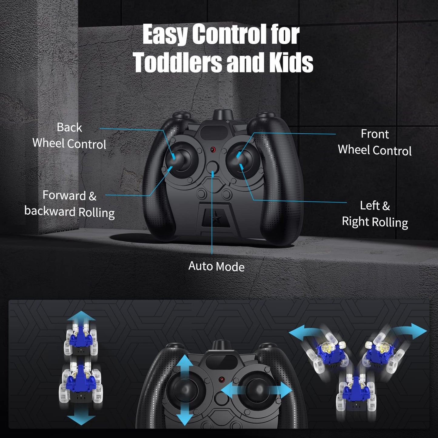 Kizeefun Remote Control Car, RC Stunt Car Invincible 360Rolling Twister with Colorful Lights & Music Switch, Rechargeable Remote