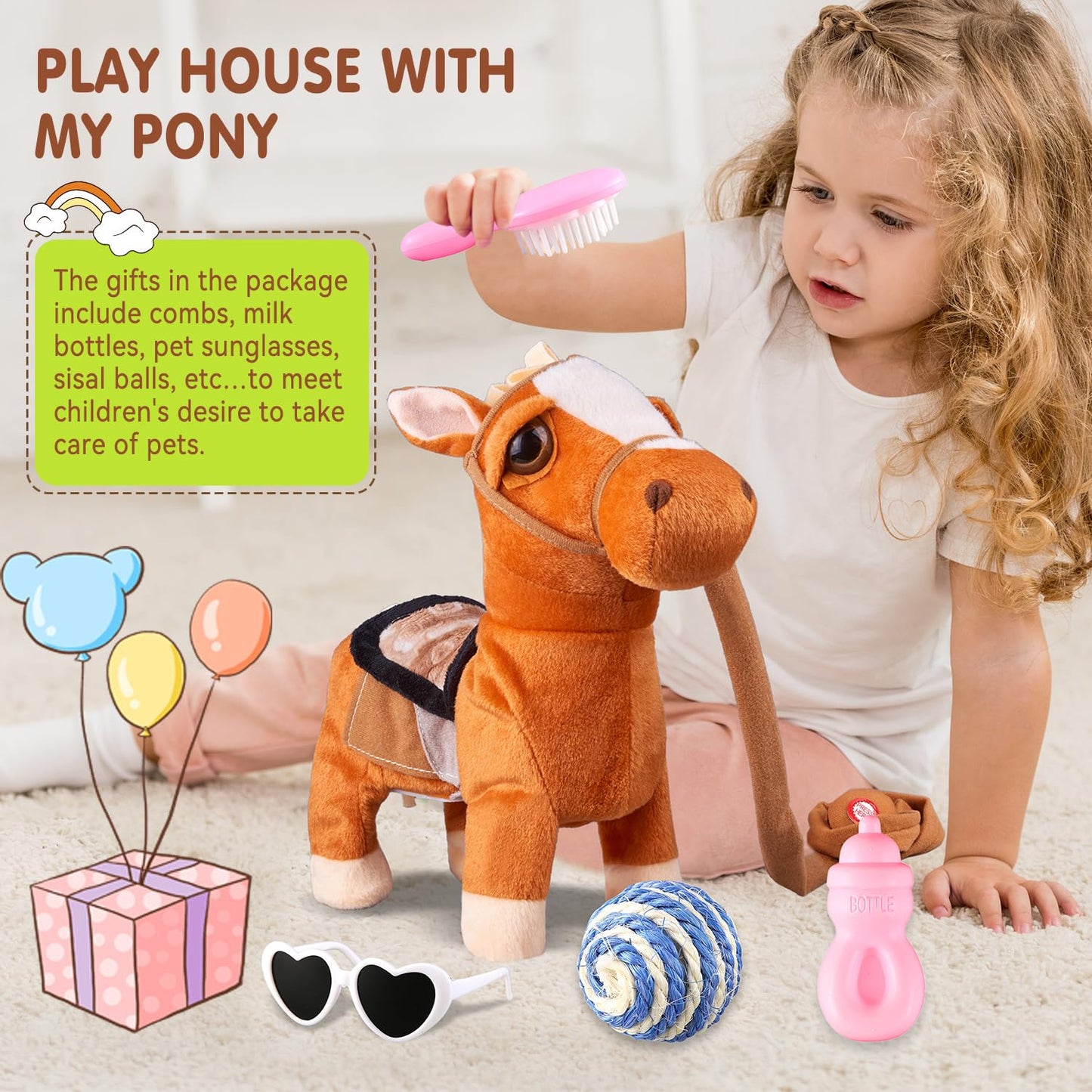 Brown Walking Pony Plush Interactive Pony Toy Singing Dancing Musical Realistic Pony Pet, Stuffed Animal Shaking Leash Horse Toy