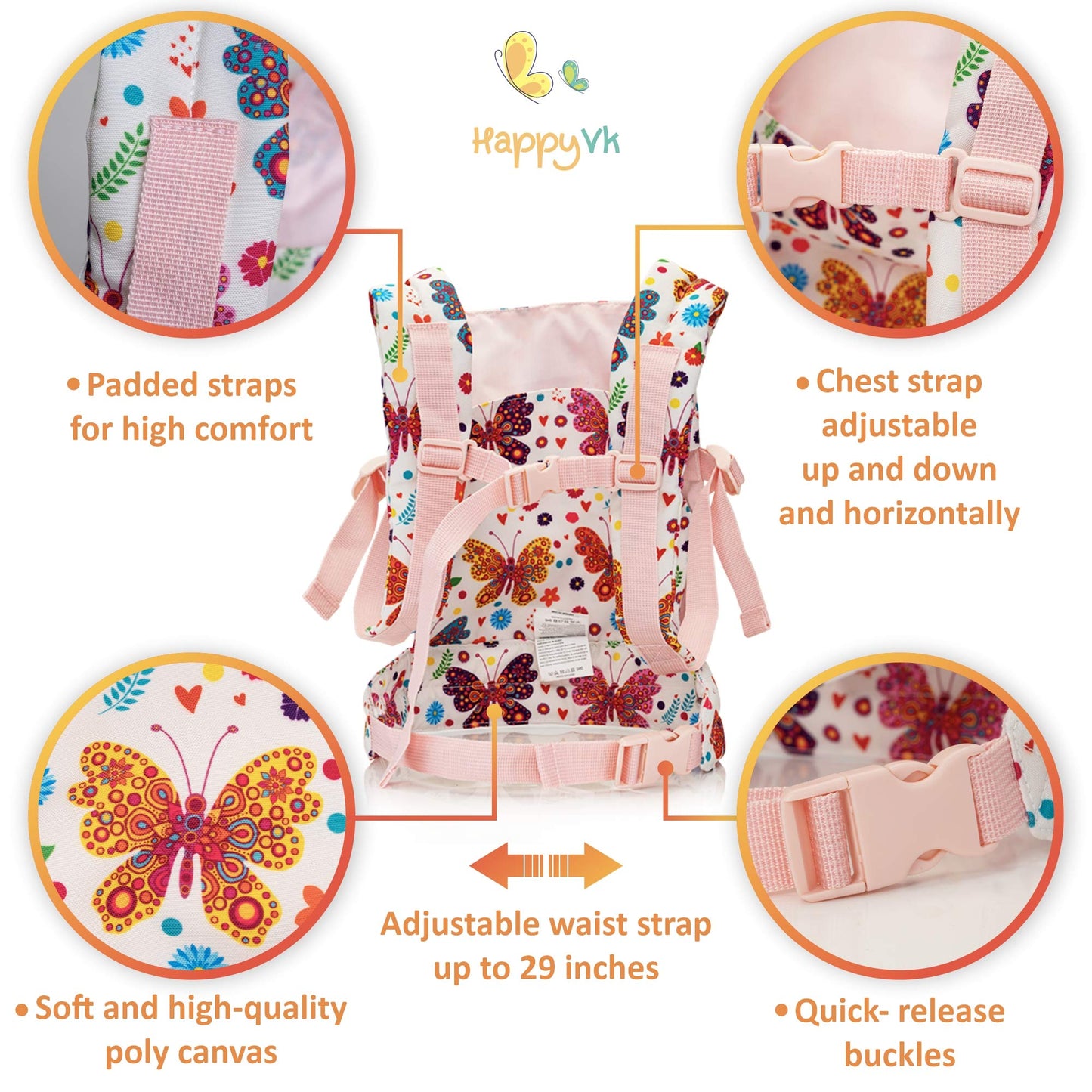 Happyvk Baby Doll Carrier Toy Doll Carrier Front Back For Little Girls Doll Accessories Butterfly