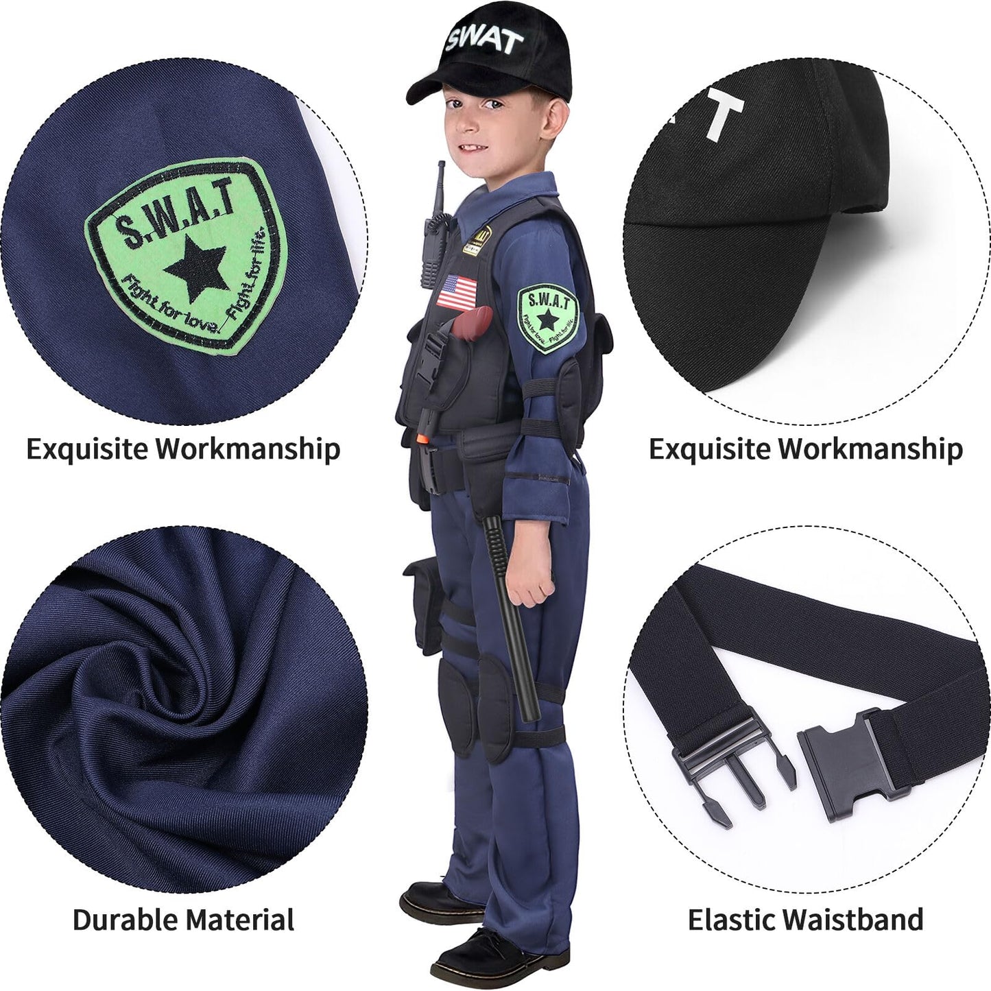 Latocos 15 Pcs Swat Police Officer Costume For Kids With Vest Accessories Cop Dress Up Role Play Set For Halloween Cosplay