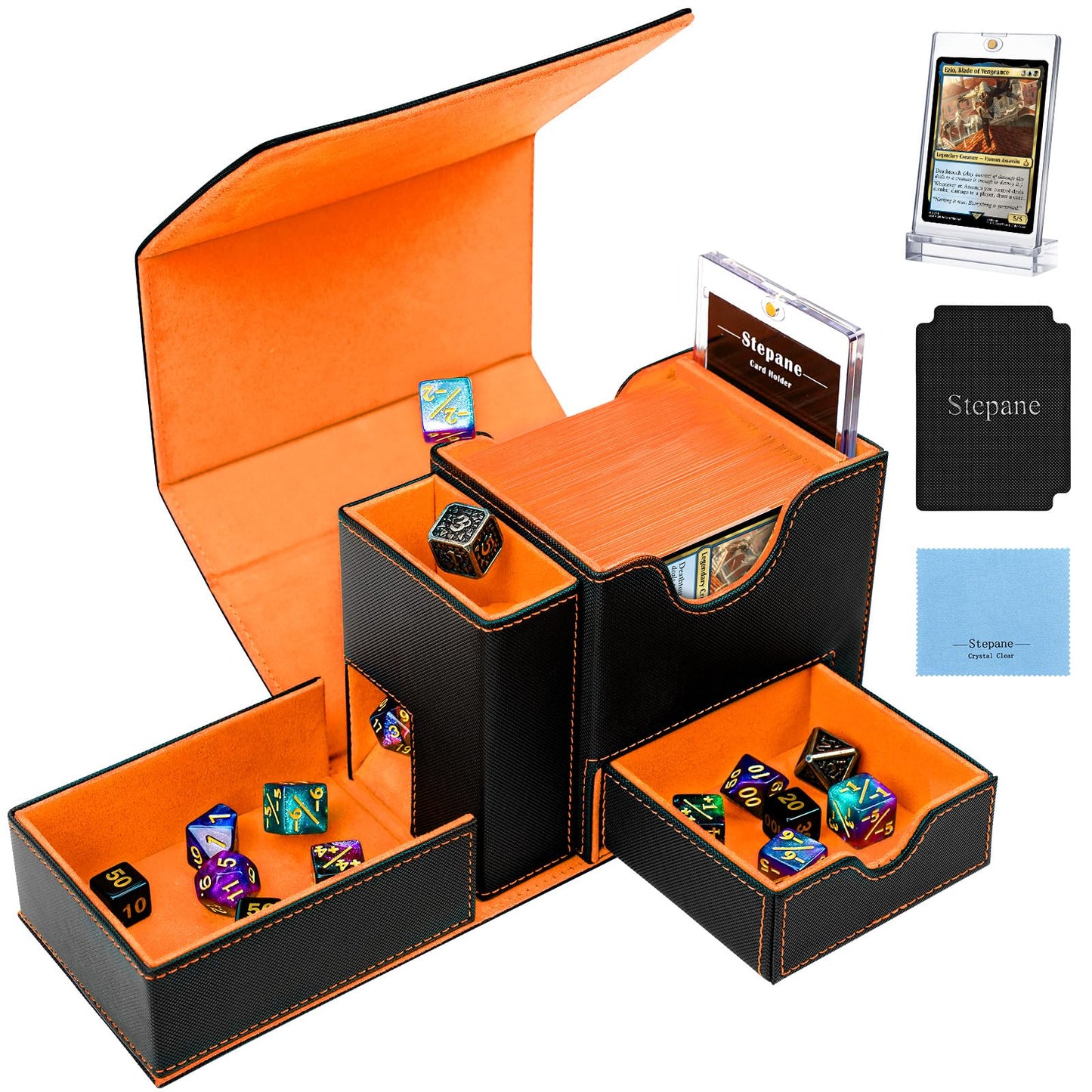 MTG Deck Box, Dice Tray&Tower 2 in 1 MTG Commander Deck Box Fits 120+ Single Sleeved Cards, Leather Magnetic Closure Box with Ma