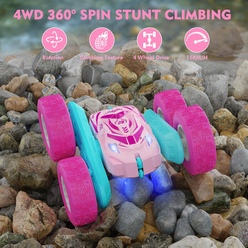 Remote Control Car for Girls, RC Cars with Headlights Double-Sided Driving 360 Flips Rotating for Kids Ages 4-7 8-12 Year Old, R