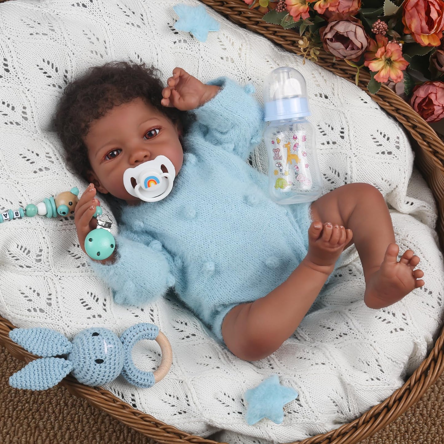 WOOROY Realistic Reborn Baby Dolls Black - 18-Inch African American Real Life Baby Doll Boy with Curly Hair and Open Eyes Lifelike Gift Toy with Doll Accessories for Kids Ages 3+