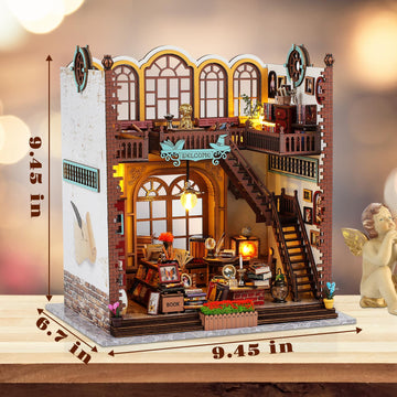 Quanquer Miniature House Kit: Magic Book Store Book Nook With Furniture And Led Light - Diy Kits For Adults - Wooden Doll House - Great Handmade Craft Model - Tiny House Decor Ideal Gifts