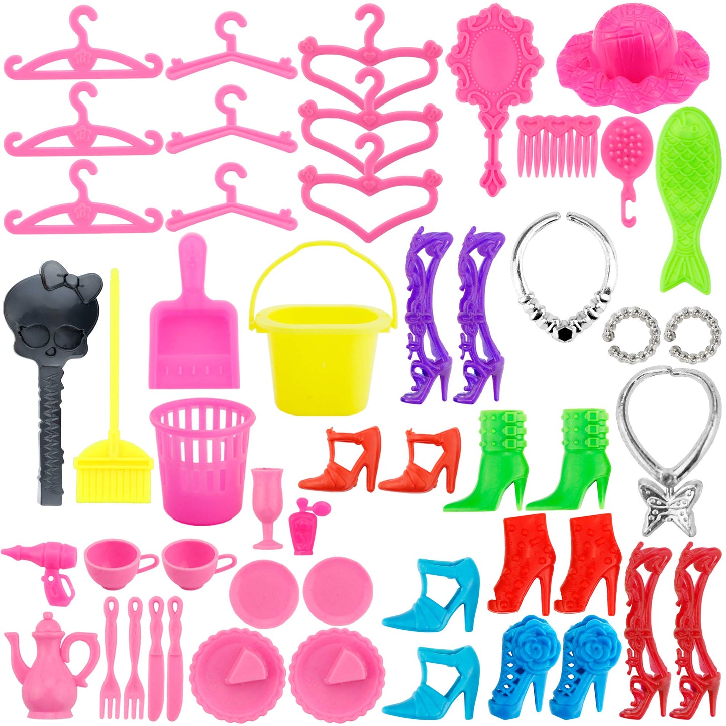 Janyun 73Pcs Dolls Fashion Set For Dressing Up Dolls, Included 18Pcs Wedding Party Outfits Clothes And 55Pcs Doll Accessories Shoes Bags Necklace Girls' Gifts