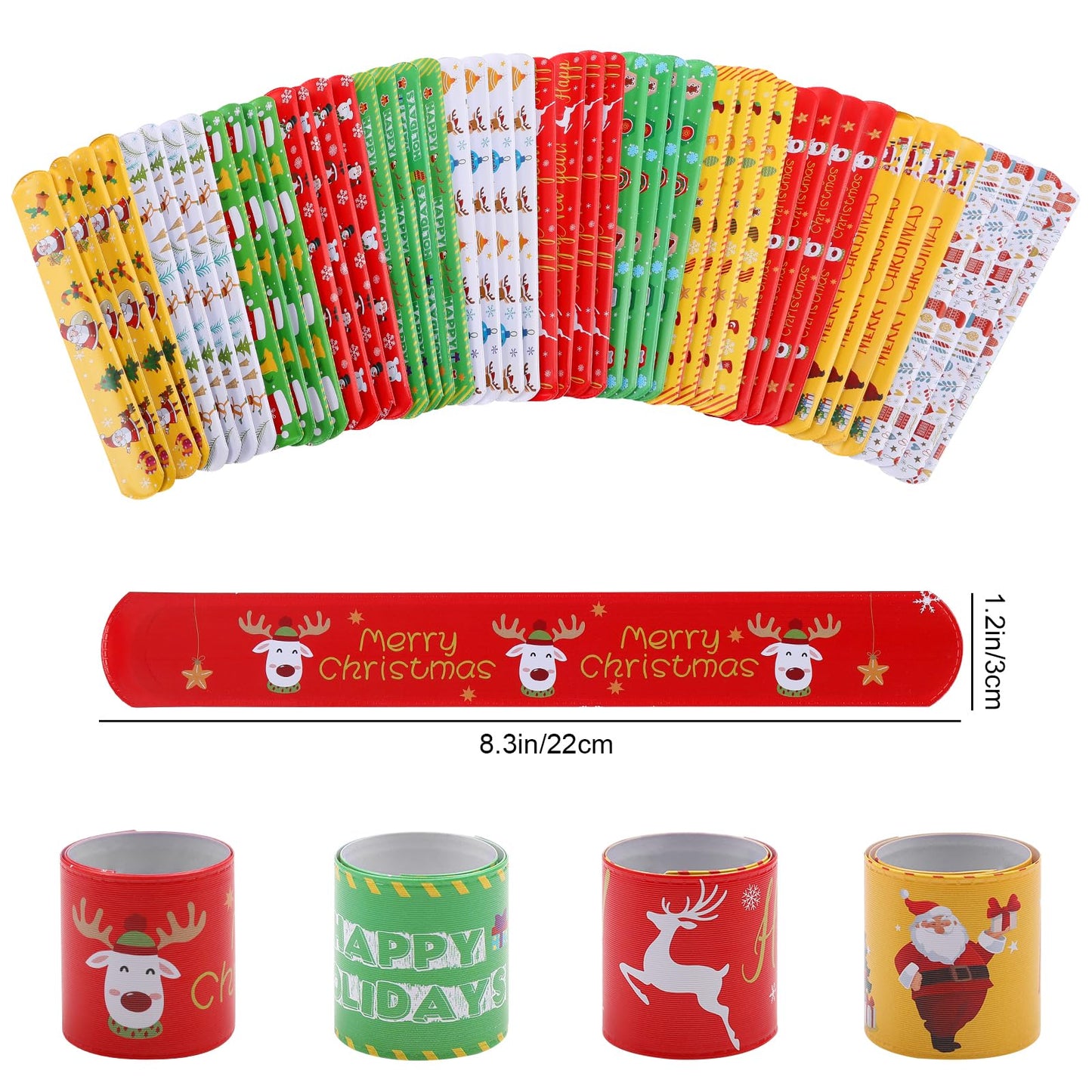 TAOVEN 48PCS Christmas Slap Bracelets, Xmas Slap for Christmas Party Favor Decoration (yellow,red,green,white)